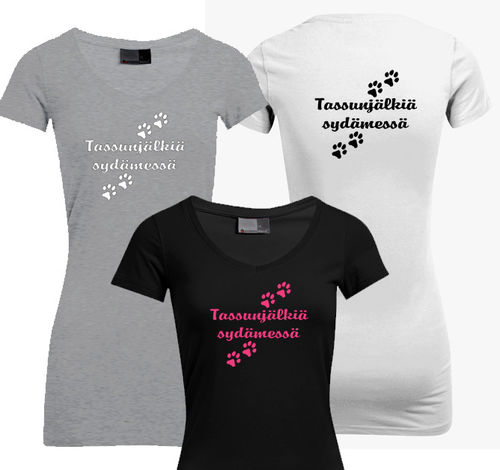 Naisten pitkä T-paita "Tassunjälkiä sydämessä"
